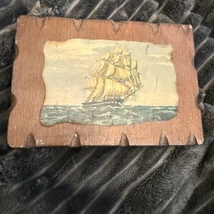 Vintage Wooden Plaque with Sailing Ship